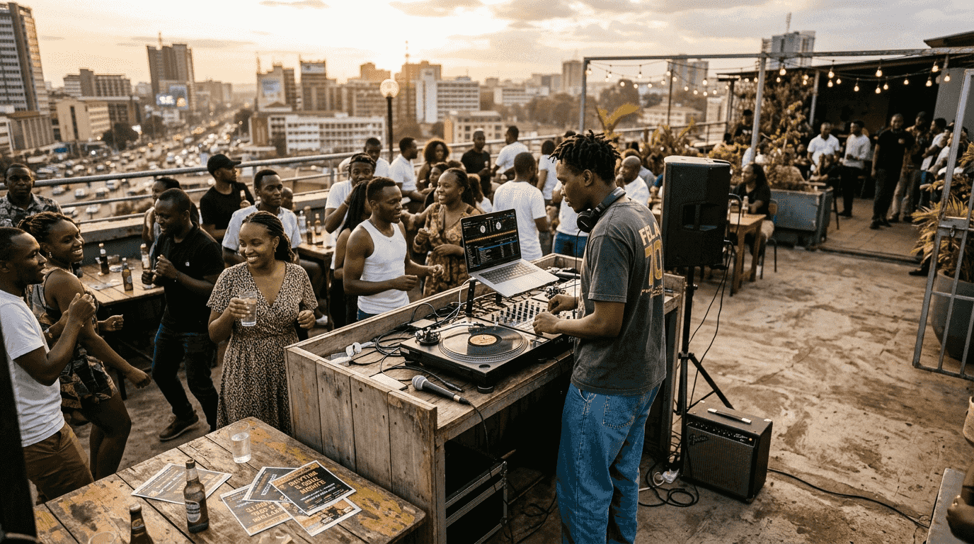 DJ engaging audience at African rooftop event