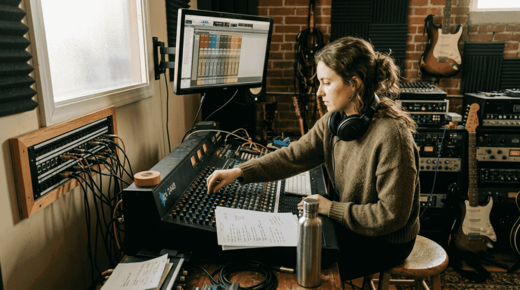 Female producer working in cluttered studio