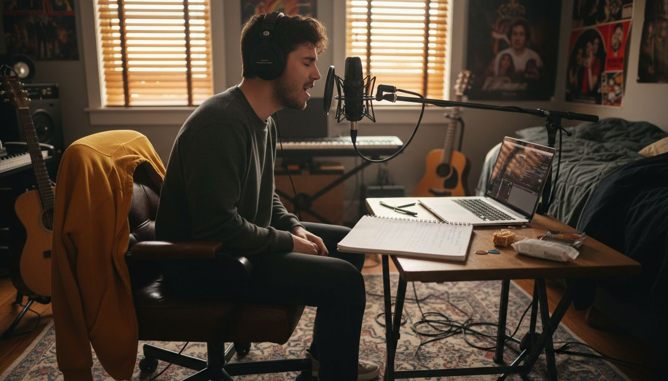Young musician recording at home studio desk
